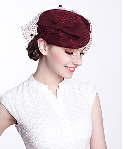 ORIDOOR Women's British Style Pillbox Church Derby Wedding Winter Vintage Fascinator Beret 100% Wool Felt Veil Hat - color: 01a-wine Red