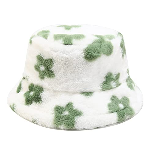 Dirholl Women's Winter Faux Fur Fuzzy Warm Bucket Hat - color: Green Flower