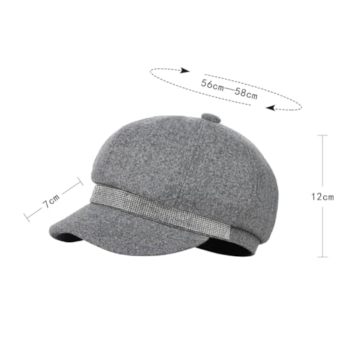 Women Rhinestone Hat Band Newsboy Hat Cabbie Baker boy Hat Beret Cap - color: Grey