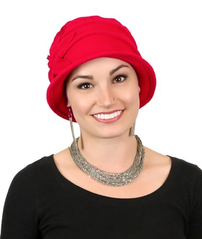 Fleece Flower Cloche Hat for Women Chemo Cancer Ladies Headwear 50+ UPF - color: Red