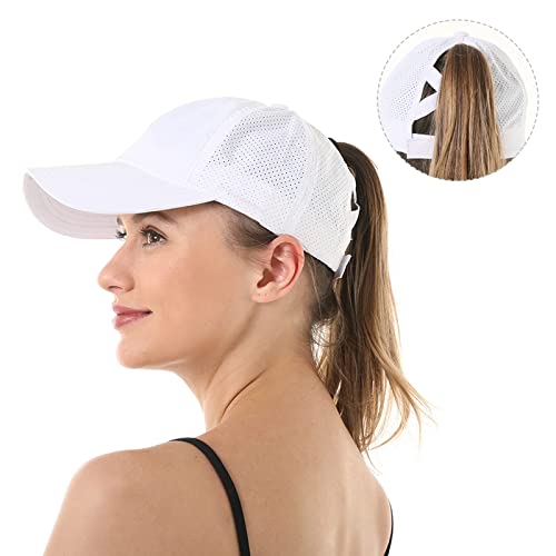 Womens Criss Cross Ponytail Hat Quick Drying Baseball Cap Sun Hats UV Protection Sport Cap - color: White