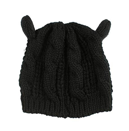 Women Winter Wool Baggy Beret Beanie Cute Devil Cat Ear Crochet Braided Knit Hat Ski Cap - color: Black