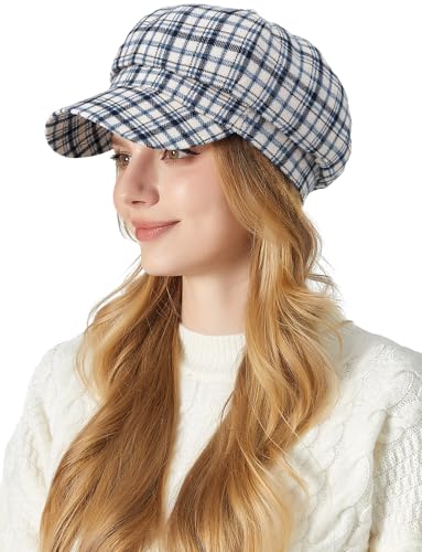 FEOYA Women Newsboy Hat Plaid Cabbie Caps Cotton Casual Stylish Beret Cap Paperboy Hats - color: Plaid-white