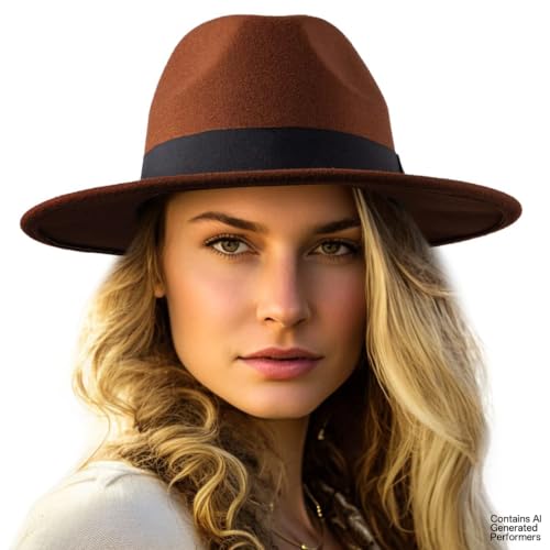 Felt Wide Brim Fedora Hats for Women Men, with Band Belt Buckle, Adjustable - color: P16 Dark Camel