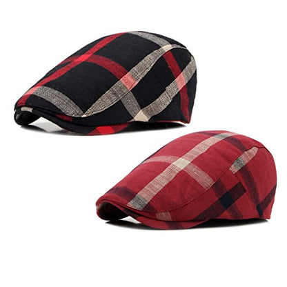 Men's Plaid Striped Newsboy Ivy Flat Driving Golf Cap - color: Black+red