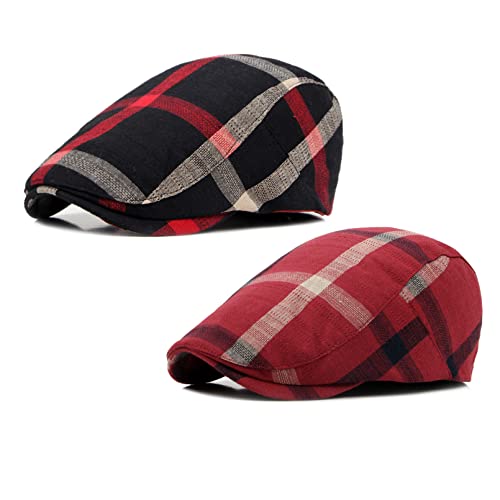 Men's Plaid Striped Newsboy Ivy Flat Driving Golf Cap - color: Black+red
