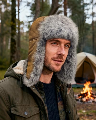 Croogo Faux Fur Trapper Hats with Ear Flaps Aviator Hat for Cold Weather Outdoor Ski Cap Black Ushanka Hat for Men Women - color: Pl2513-camel