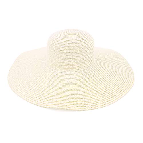 Womens 5.75" Wide Brim Foldable UPF50 Floppy Summer Straw Hat Sun Beach Hat - color: Ivory