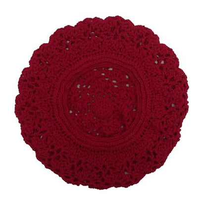 ZLYC Women Cotton Slouchy Crochet Beret Handmade Cutout Floral Beanie Hat - color: Crocheted Red