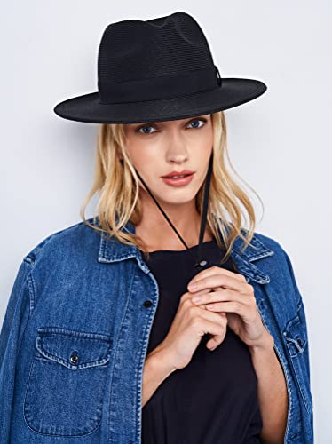 Pineapple&Star Sun Straw Fedora Beach Hat Fine Braid UPF50+ for Unisex - color: Black, size: Medium