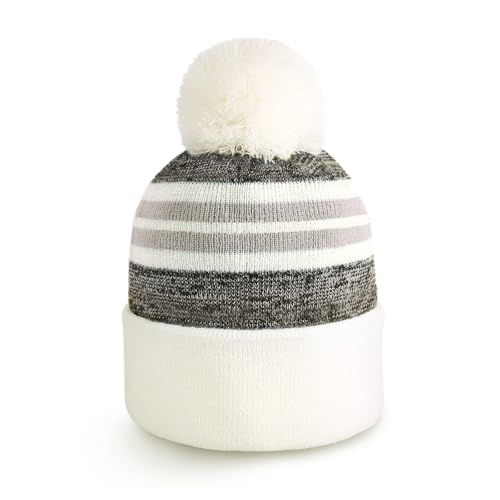 Pom Pom Beanie Cuffed Knit Winter Hat Skull Cap Striped Novelty Men Women - color: (White)