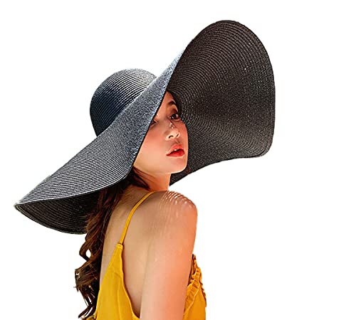 Oversized Beach Sun Hat for Women Foldable Large Wide Brim Hats Packable Roll up Floppy Cap Summer UV Protection Hat - color: Black