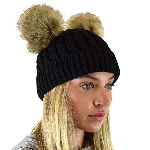 C.C 2 Ear Pom Pom Cable Knit Soft Stretch Cuff Skully Beanie Hat - color: Faux Fur Black