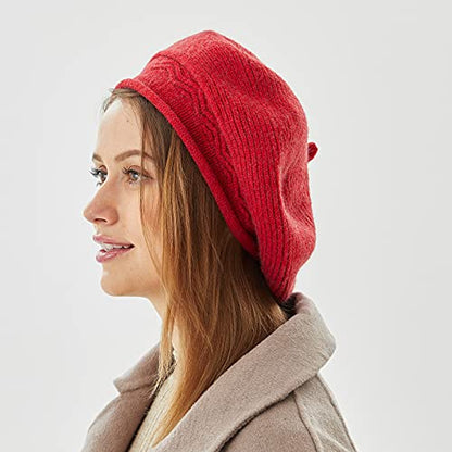 FENELY Beret Hat for Women, French Style Beanie Winter Fashion Warm Thickened Lining Knit Cap - color: Red
