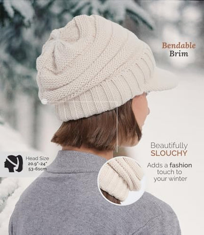 Women Men Winter Beanie Hat with Visor, Warm Fleece Lined Beanie Cap, Thick Knit Cap Slouchy Hat with Brim - color: Pink