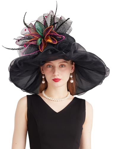 Women Derby Fascinator Hat Organza Church Wedding Hats Wide Brim Cocktail Tea Party Hat - color: 37black