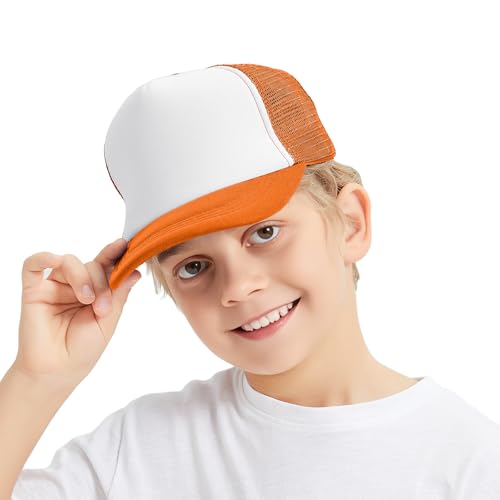 TOPTIE Kids Trucker Hat 5-Panel Foam Front Snapback Cap (Ages 3-7) - color: Orange/White