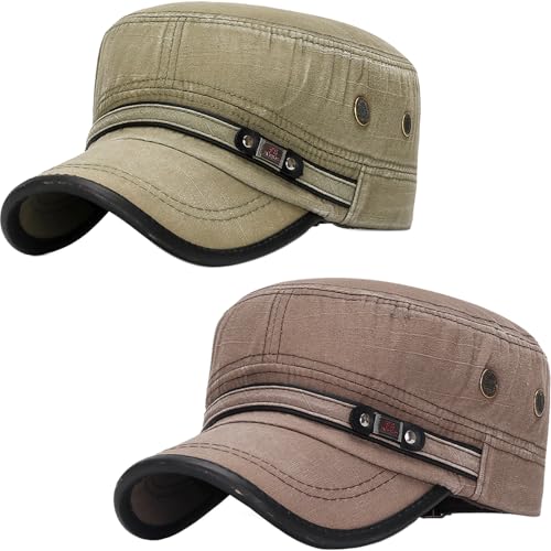 Cadet Army Hat 2 Pieces Flat Top Cap Unisex Military Hat for Women Men - color: Army Green E + Brown E