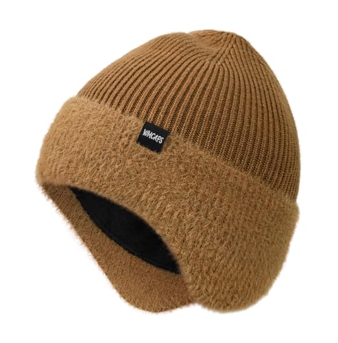 Wmcaps Winter Fleece Lined Beanie with Earflaps for Men Women Outdoor - color: Golden Brown