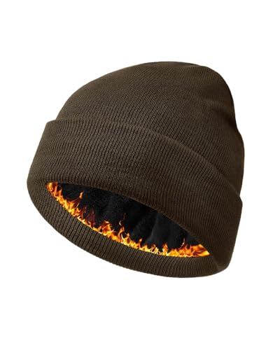 Century Star Men's Fleece-Lined Beanie Winter Knit Hat - Stretchable, Warm, Windproof, Unisex Cuffed Ski Cap for Sports - color: Coffee