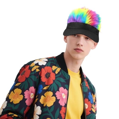 Mens Novelty Sun Visor Beach Hat Short Hair Wigs UV Protection Adjustable Golf Dad Cap Funny Hip Hop Rave Party Trucker Hat - color: Black & Colorful