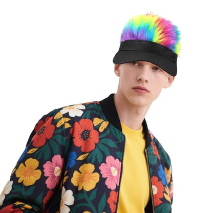 Mens Novelty Sun Visor Beach Hat Short Hair Wigs UV Protection Adjustable Golf Dad Cap Funny Hip Hop Rave Party Trucker Hat - color: Black & Colorful