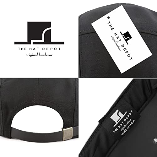 The Hat Depot Made in USA Cotton Twill 5 Panel Flat Brim Genuine Leather Brass Biker Board Cap - color: Black