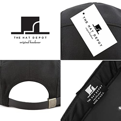 The Hat Depot Made in USA Cotton Twill 5 Panel Flat Brim Genuine Leather Brass Biker Board Cap - color: Black