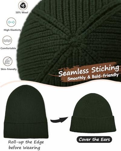 Wool Beanie for Men Women, Seamless Knit Cuffed Warm Winter Hats - color: 1pcs-army Green