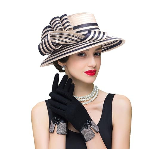 Women Derby Church Dress Fascinator Wide Brim Hats 1920s Vintage Tea Party Wedding Cloche Bowler Hats - color: Champagne/Navy