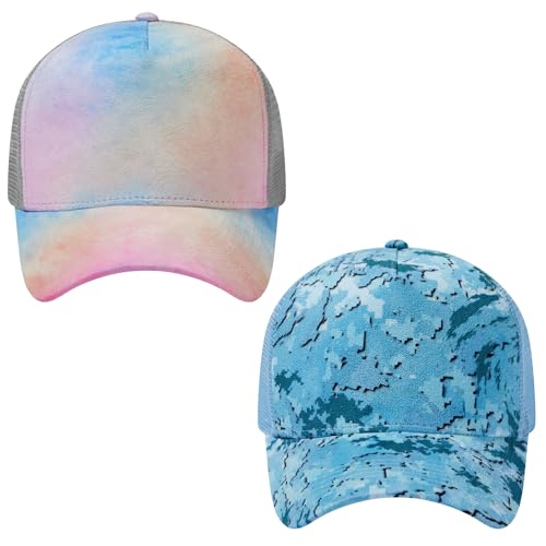 Suede Curved Brim Trucker Cap Adjustable Snapback Hat Mesh Back Breathable for Men Women 2 Pack SH03 - color: Pack of 2, Ocean Digital Camo & Rosy Clouds