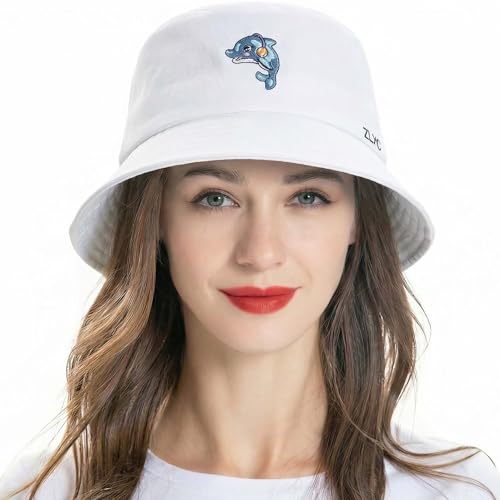 ZLYC Cotton Bucket Hat for Women Men Embroidered Packable Summer Sun Cap - color: Dolphin White