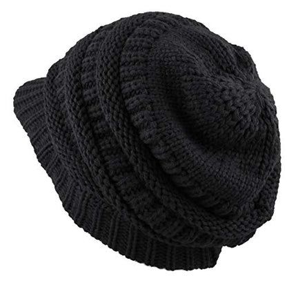 The Hat Depot - Visor Beanie Unisex Winter Knit Skull Beanie with Brim Hat - color: 1. Navy