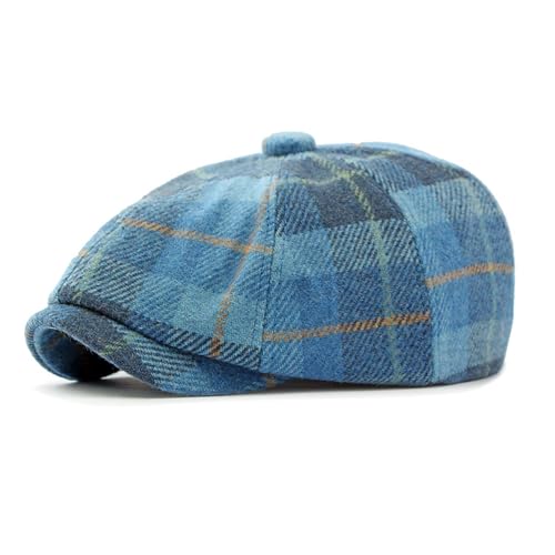 Men's Faux Woolen Tweed Plaid Ivy Cabbie Gatsby Newsboy Golf Paperboy Hat Cap - color: Blue