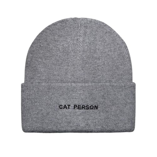 Cat Mom Cat Dad Beanie Collection – Jacquard Pom Pom Hats & Double-Layer Embroidered Beanies for Pet Lovers - color: Cat Person Gray