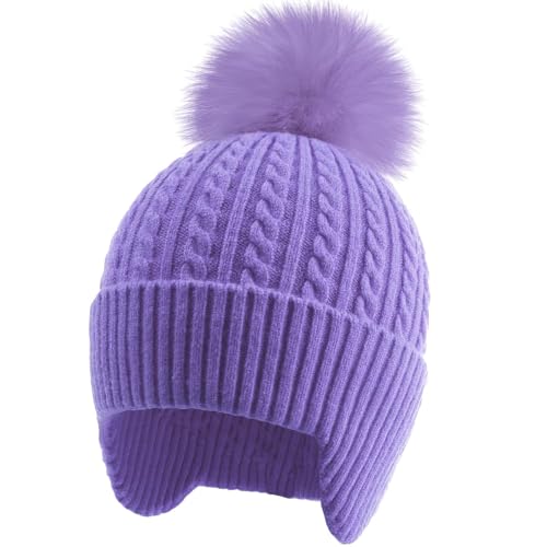 Toddler Earflap Beanie Hat with Rainbow Pom for Little Girls Knitted Beanies Kids Winter Skiing Caps Age 3-8 - color: Purple