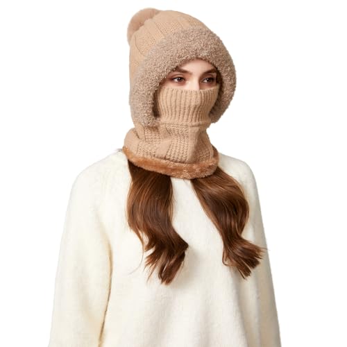 HUAMULAN Women Cable Knit Balaclavas Winter Fleece Lined Beanie Hat - color: Solid Khaki