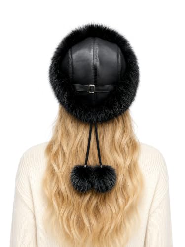 DLNYC Women’s Faux Leather Winter Hat with Faux Fur Trim, Soft Lined Cap with Hanging Cords & Pom-Poms, Warm Stylish Hat - color: Black