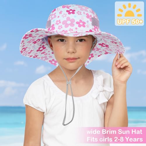 ICOSY Sun Hat for Kids Girls, UPF 50+ Wide Brim Beach Hat for Toddler - color: Pink Floral