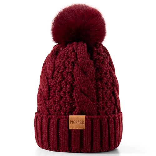Women's Winter Pompom Beanie Warm and Cozy Knit Hat Fleece Lining Skull Cap for Women - color: Wine Red