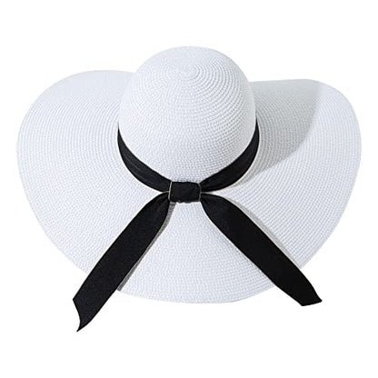 Lanzom Womens Wide Brim Straw Hat Big Floppy Foldable Roll up Cap Beach Sun Hat UPF 50+ - color: Bowknot-white