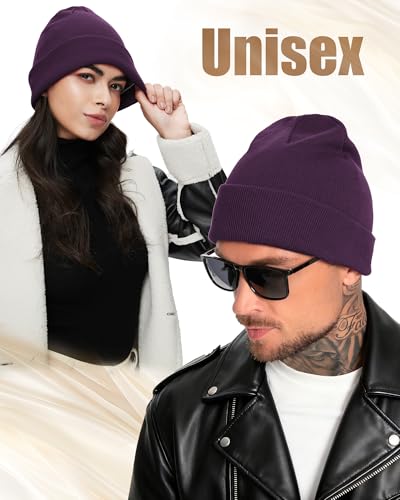 Satin Lined Beanie for Women Men, Cotton Knit Winter Beanies Hat - color: Purple