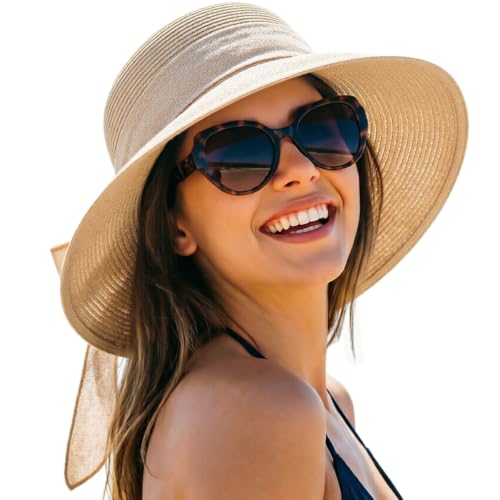 DRESHOW Sun Hats for Women Summer Wide Brim Beach Straw Hat Bowknot Bucket Hats Foldable Floppy Beach Sun Hat UPF 50+ - color: 1 Pack Bowknot Ribbon Hat: Beige