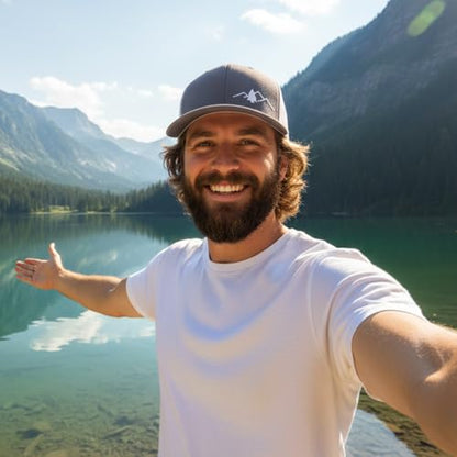LINDO Trucker Hat [ Great Outdoors Design ] for Men and Women: Mid Profile Cap with Breathable Mesh Back and Adjustable Snap - color: Gray/White