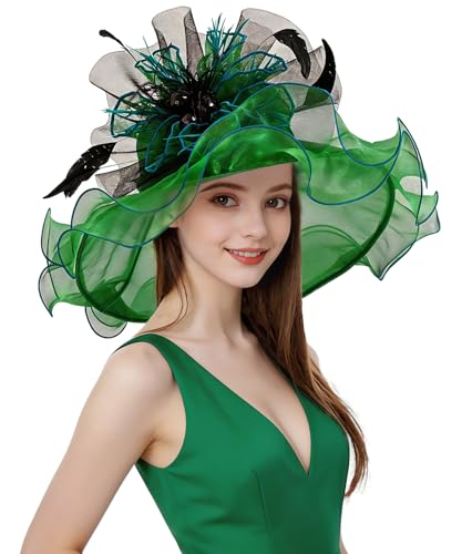 Organza Church Derby Hats for Women Wedding Tea Party Fascinator Floral Wide Brim Sun Hat - color: Style02 Green Black
