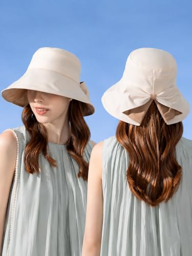 Women Bowknot Wide Brim UPF50+ Foldable Travel Beach Sun Hat - color: Cream Beige