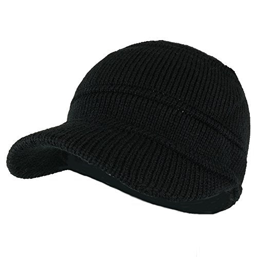 Army Style Acrylic Cadet Winter Beanie Hat with Visor - color: Black
