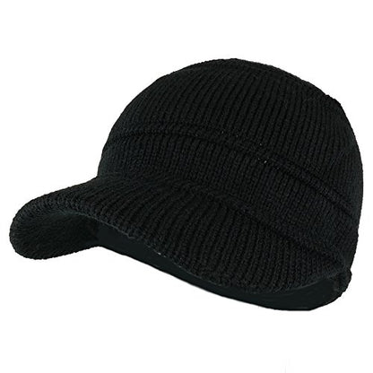 Army Style Acrylic Cadet Winter Beanie Hat with Visor - color: Black