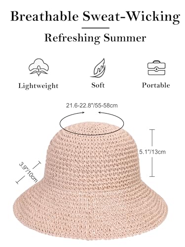 sy soul young Women's Straw Sunhat Wide Brim Hand Woven Beach Bucket Hat - color: Pink