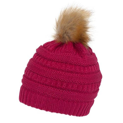 Gravity Threads Cable Knit Faux Fur Pom Pom Beanie Hat - color: Hot Pink